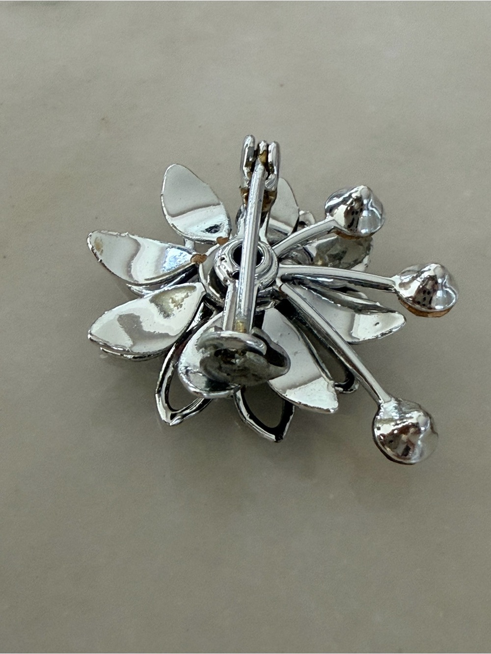 Vintage 60's 70's Flower Brooch Silver Black Enamel Dangle Pin Atomic Starburst - Picture 3 of 9